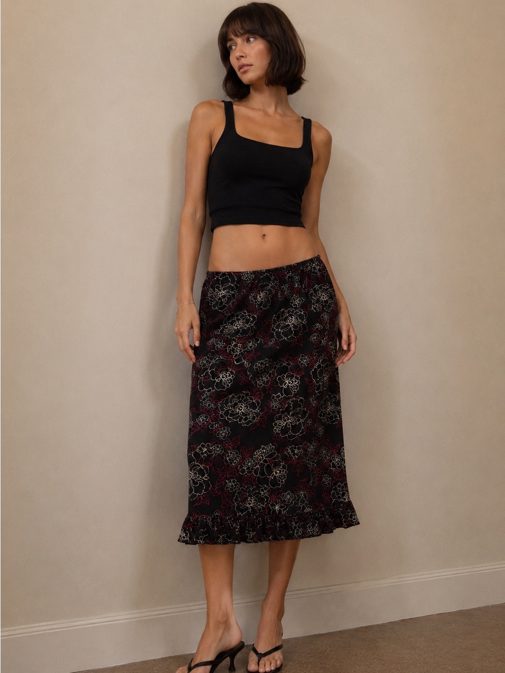 Y2K Black Roses hip hugger Midi Skirt with Ruffle Hem